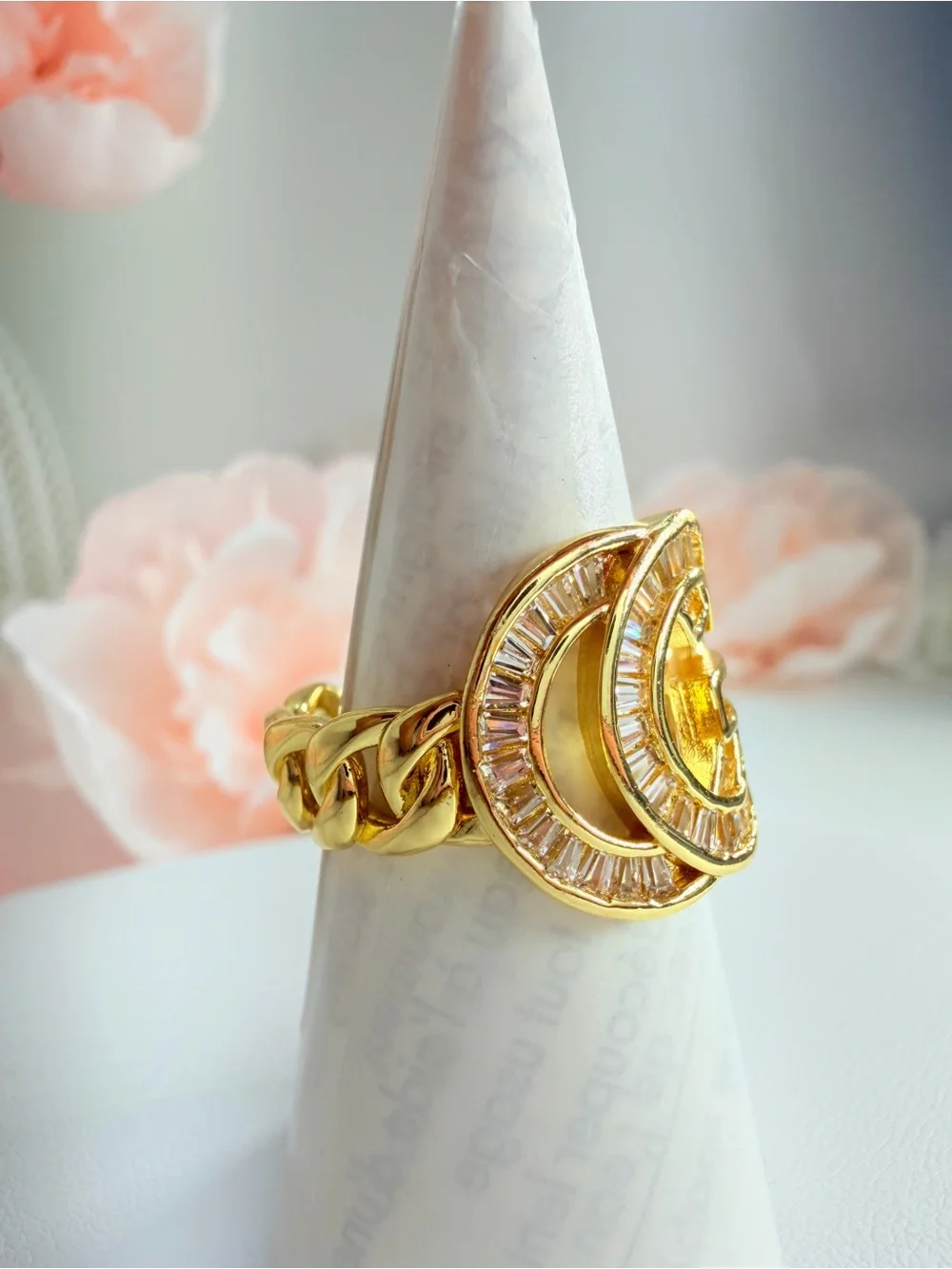 Stainless steel Gold Crystal Circle Statement Ring - Women Jewelry
